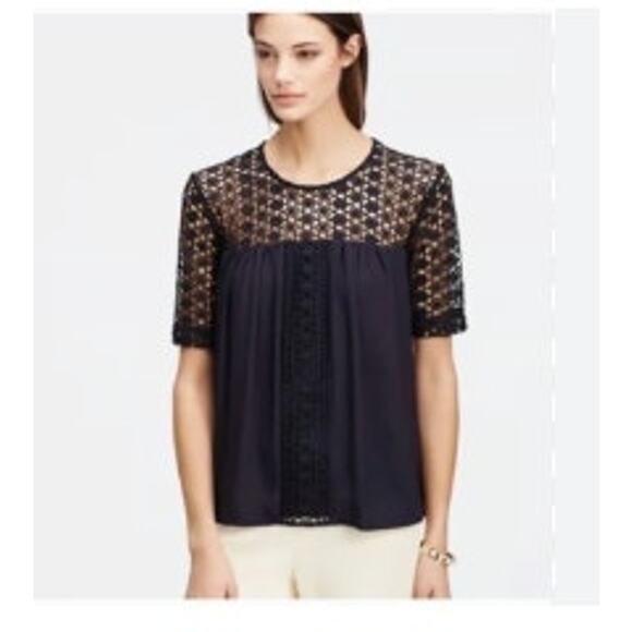 New NWT Ann Taylor 387093 Lacy Mixed Media Top Small Blue Office Casual‎ - Picture 1 of 11